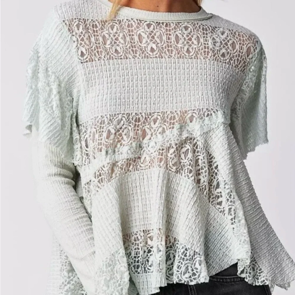 NWOT! Free People Snowfall‎ Lace Patchwork Ruffle Tunic Top Ice Castle ~ Large